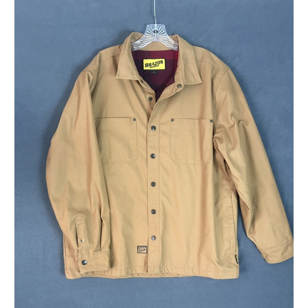 Brazos Work Force Flannel Lined Duck Canvas Shirt Jacket Tan Mens L Barn Jacket